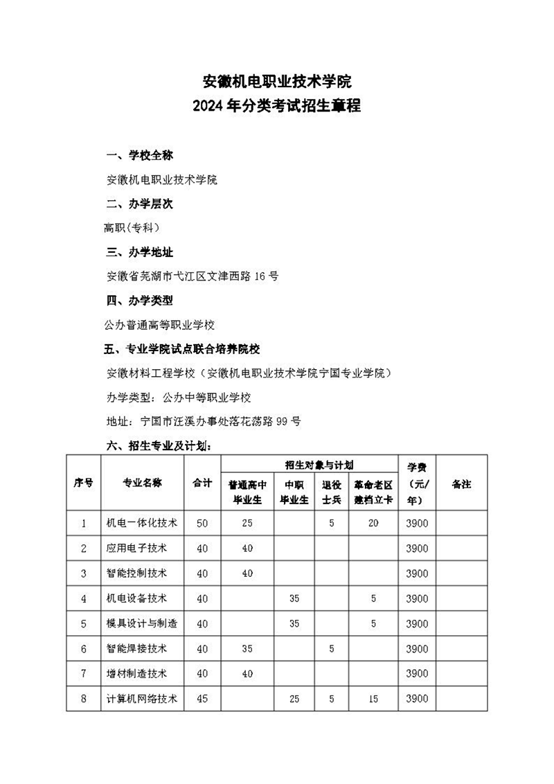 安徽機(jī)電職業(yè)技術(shù)學(xué)院2024年分類考試招生章程