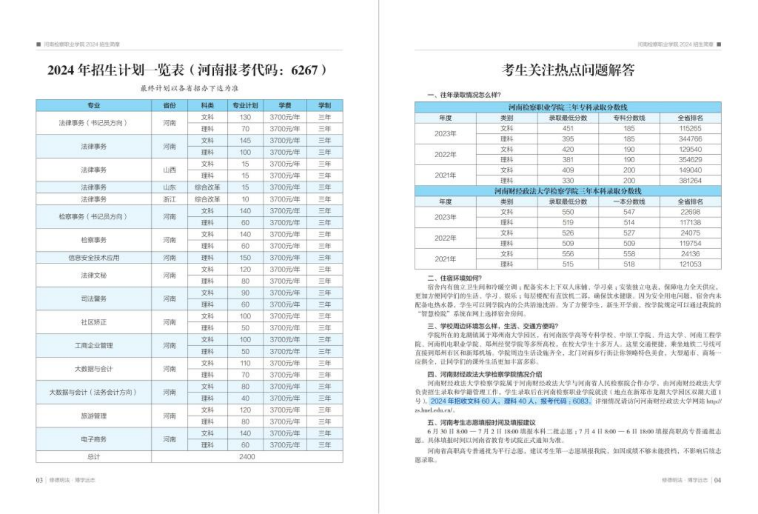 河南檢察職業(yè)學院－2024年招生計劃一覽表（河南報考代碼：6267）