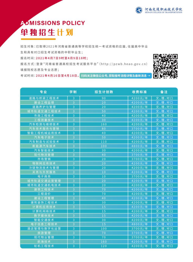 河南交通職業(yè)技術(shù)學(xué)院－2021年單獨招生簡章